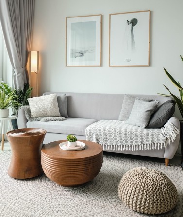soft grey sofa with cushions