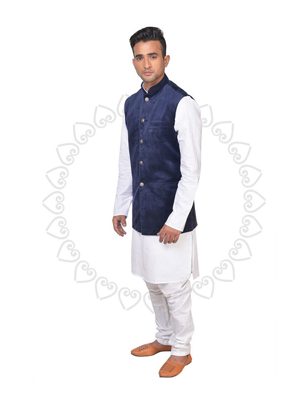 Mens Mandarin Collar Velvet Nehru Jacket – White