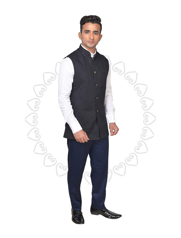 Mens Mandarin Collar Velvet Nehru Jacket – White