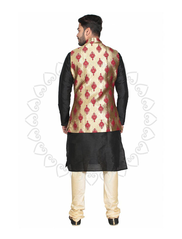 Mens Mandarin Collar Gold & Red Printed Nehru Jacket – Onyx Black